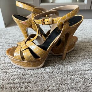 Yves Saint Laurent Mustard Croc-Embossed Platform Heels